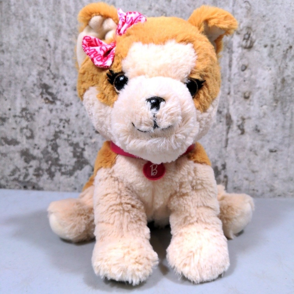 Barbie Puppy Plush Dog Honey Tan Cream Pink Bow Collar Mattel Just Play 8"